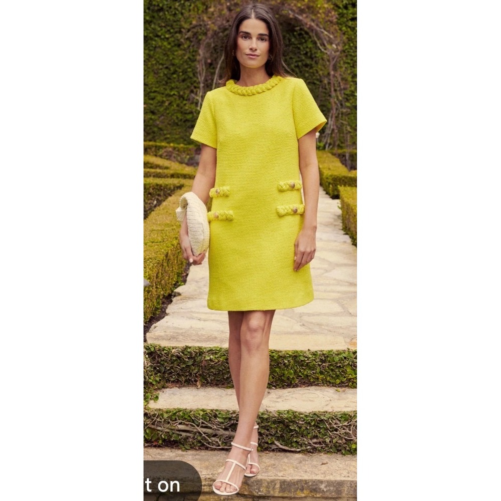 Tuckernuck Limoncello Tweed Jackie Dress Yellow Lion Head Button Mini Small NEW